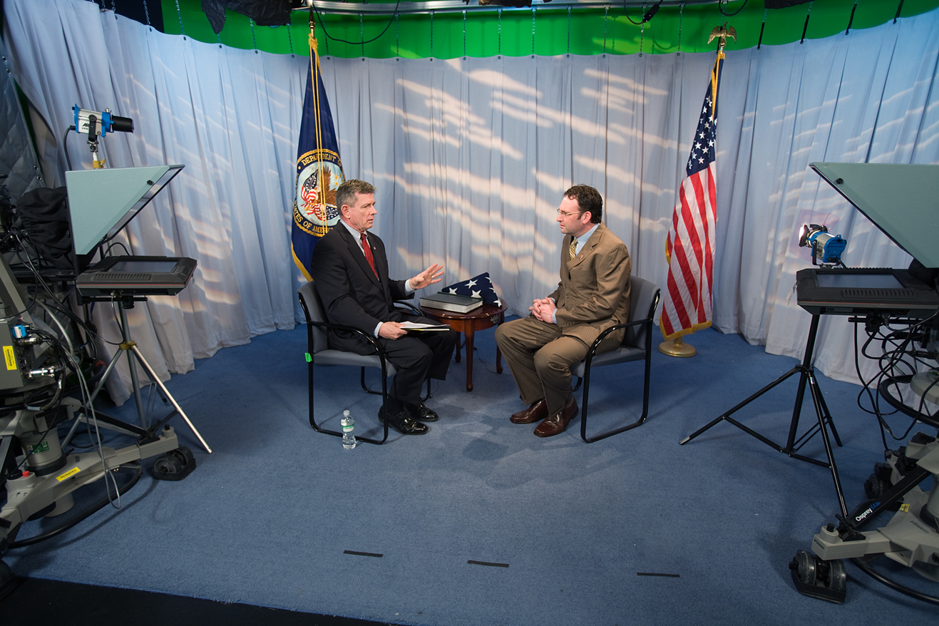 On set discussing veterans’ stories