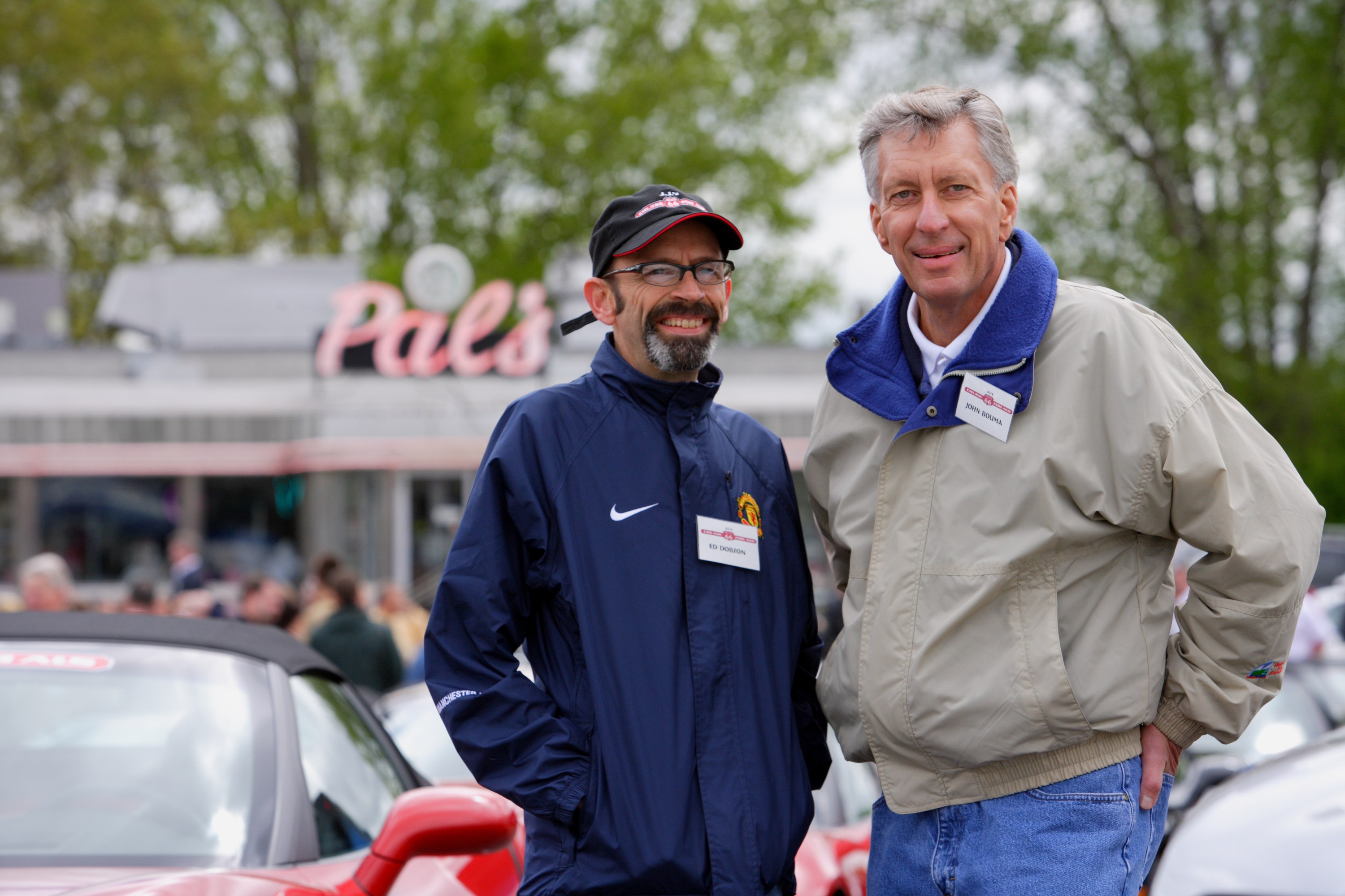 Pastor Ed Dobson and John J.J. Bouma standing beside campaign Corvettes during ALS Across America