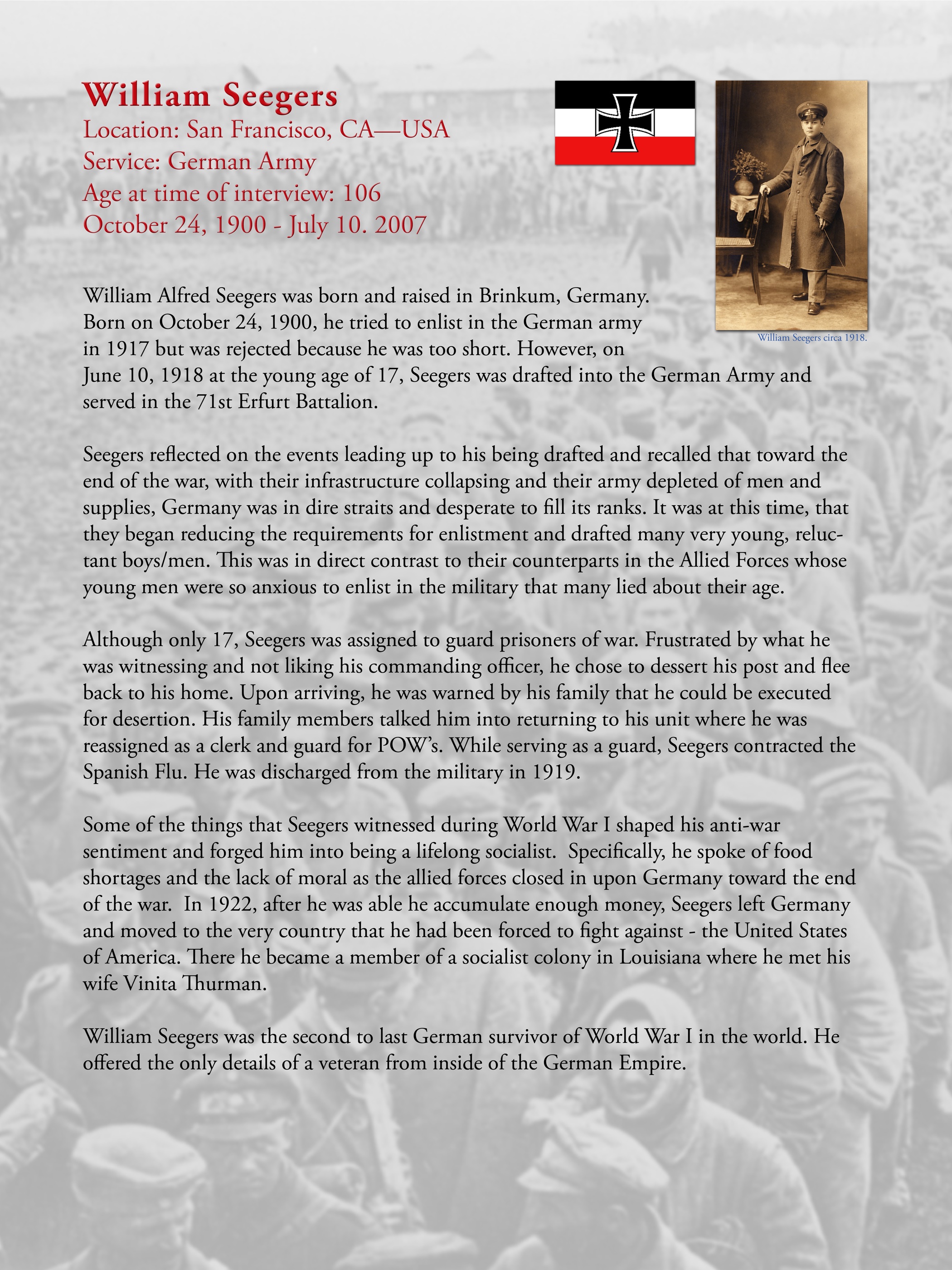Original exhibition story panel for William Alfred Seegers